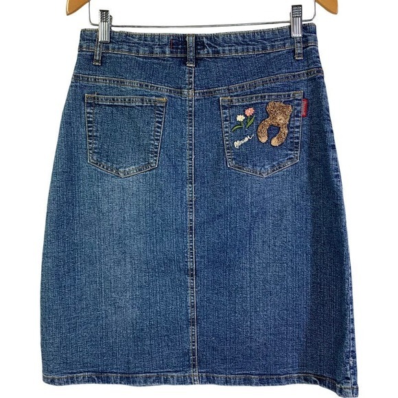 COCO-5‎ Vintage Embroidered Novelty Teddy Bear Flowers Western Denim Midi Skirt - Picture 9 of 14